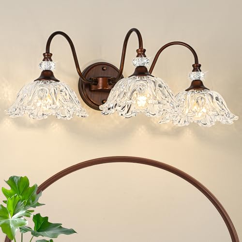 Image of Antique Red Bronze Finish Bathroom Vanity Light, 3-Light Vintage Vanity Light with Floral Clear Glass Shades, Retro Wall Mount Lighting for Bathroom, Dressing Table
