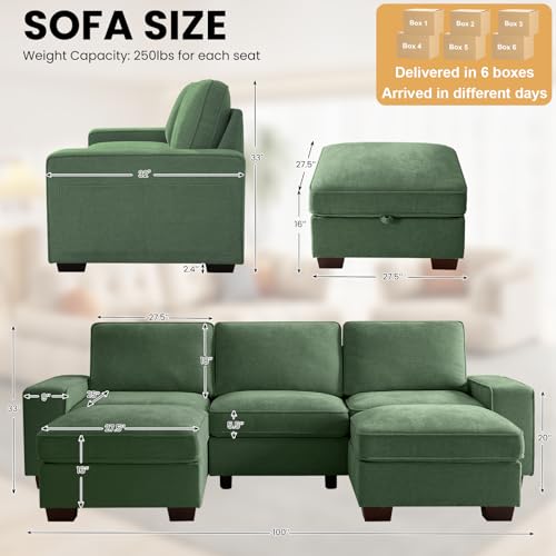 Image of TEKAMON 100 inch Modular Sectional Sofa with Seats Storage, U Shaped Couch with Movable Ottomans, Chenille Fabric Couch for Living Room, USB Port, Removable Cover(Green, 3 Seater & 2 Ottomans- U Shape)