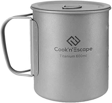 COOK'N'ESCAPE 600ml Titanium Cup/Pot with Lid, Camping Coffee Mug with Foldable Handle, Backpacking Cup for Outdoor Hiking Cooking, Camping Pot Open Fire