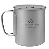 COOK'N'ESCAPE 600ml Titanium Cup/Pot with Lid, Camping Coffee Mug with Foldable Handle, Backpacking