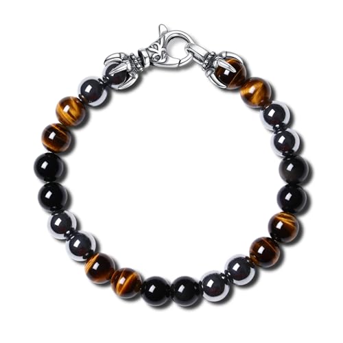 GAVU 8MM Beaded Bracelet for Men, Lava Tiger Eye Triple Protection Bracelet for Men 7.5