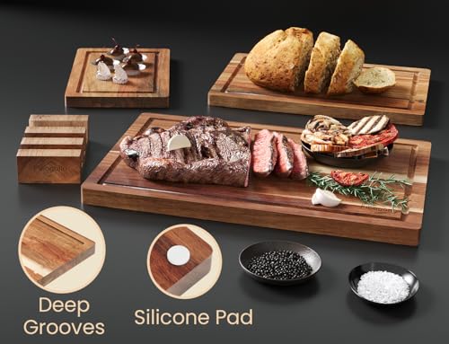 Fibogollo Acacia Wood Cutting Boards for Kitchen(Set of 3),Wooden Chopping Boards Set with Juice Groove,Serving Board with Holder,Butcher Block for Meat,Vegetables,Fruit by Fibogollo - Used condition - Image 5