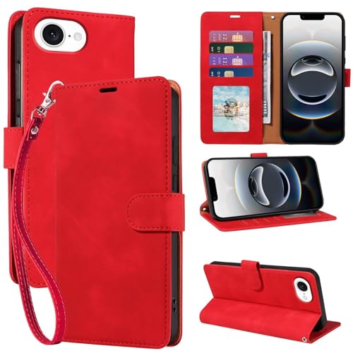 JHWVVTF for iPhone 16e Wallet Case, RFID Blocking 4 Card Slots Holder Cover for iPhone 16e 2025 6.1 Inches, Wrist Strap, Shockproof Protective Stand Leather Folio Flip Cases (Red)