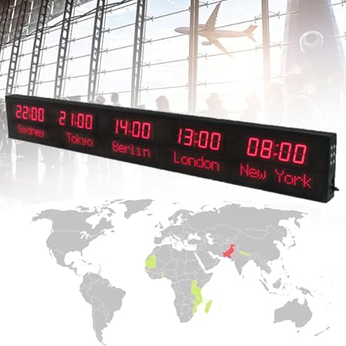 VILA SMO Horloge Mondiale avec Fuseaux Horaires, Horloge Numérique LED Murale, 5 Fuseaux Horaires Modifiables, 3 Réglages De Luminosité, pour Les Hôtels Et Les Entreprises Multinationales