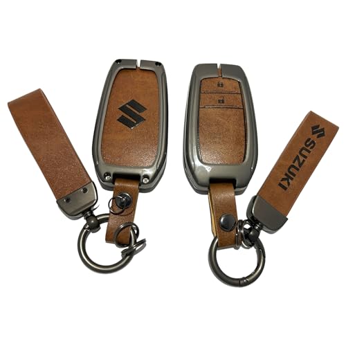 Image of Zinc Metal Alloy Leather Car Key Cover & Case Brown with Keychain & Holder Compatible for Maruti Suzuki Invicto (2 Button Push Smart Key)