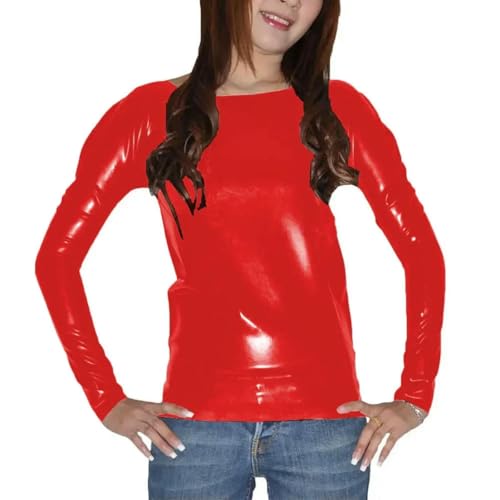 Plus Size Long Sleeve PVC Leather for Women Casual Stretchy Tops Lingerie T-Shirts Red