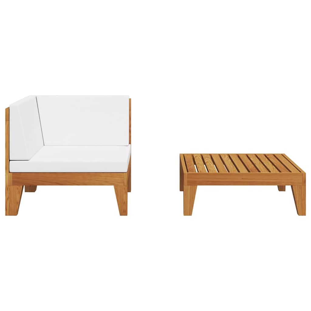 2-częściowy zestaw wypoczynkowy ogrodowy z litego drewna akacjowego z kremowo-białymi nakładkami, odporna na warunki atmosferyczne sofa ogrodowa, część narożna, modułowy zestaw mebli do