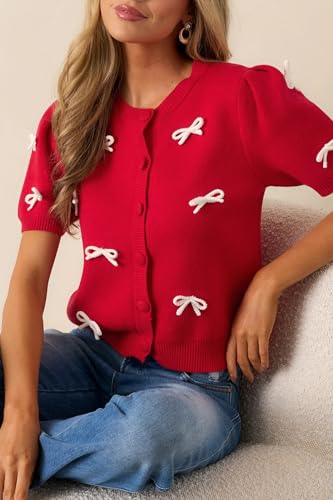 Image of Kedera Women's Casual Short Knit Bow Sweater Crew Neck Puff Sleeve Shirts Sweater Loose Blouses Tops
