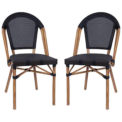 Taylor & Logan Noemi Indoor/Outdoor Stackable Bistro Chairs in Black Textilene with Bamboo Print Frame, Set of 2 Cover