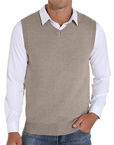 Sailwind Men's Wool Blend Knit V-Neck Sweater Vest Sleeveless Pullover Khaki #TOP1