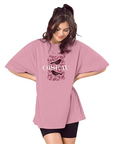 Image of SHODOX Women's Cotton Blend Oversized Drop Shoulder Printed T-Shirt | Soft, Breathable & Light Weight | Loose Fit Stylish Top for Girls with Premium Graphic Print