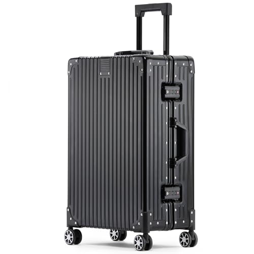 ロック付きプレミアムオールアルミ製機内持ち込み用スーツケース | ジッパーレスデザイン | 静音ロータリーホイール | ビジネススーツケースセット (ブラック、28インチ)(Black,26'')
