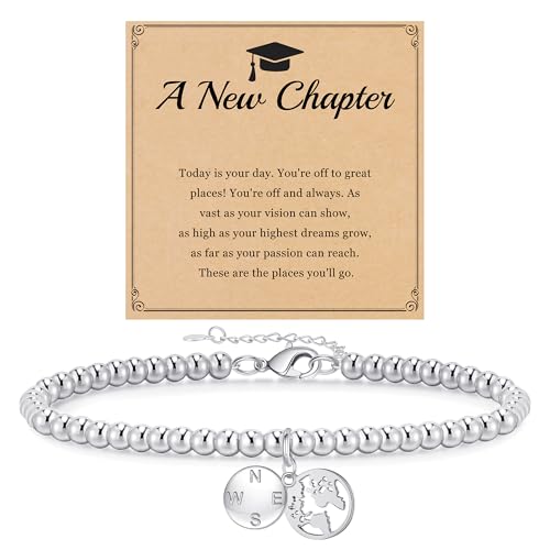 Image of JSJOY Graduation Bracelets Silver Dainty Gold Beaded Compass Bracelets College Graduation Gifts for Her Inspirational Gifts for Women Jewelry