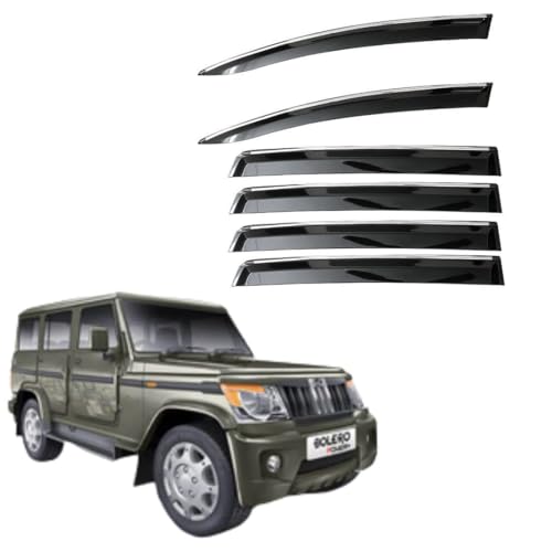 Image of CAR SAAZ Unbreakable Chrome Smoke Door Visor for Bolero SLX (2011-2020)| Premium Sun Rain Wind Deflector Chrome Trim Side Door Rain Visor - Set of 6 Pcs