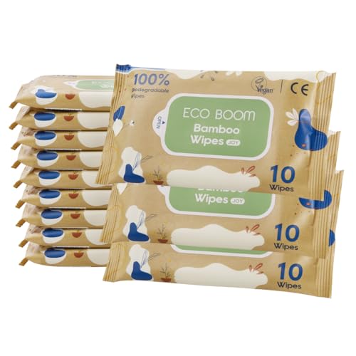 ECOBOOM, Toallitas húmedas bambú 100% biodegradable, 99,7% agua pura (120 toallitas - 12 paquetes de 10 ud)