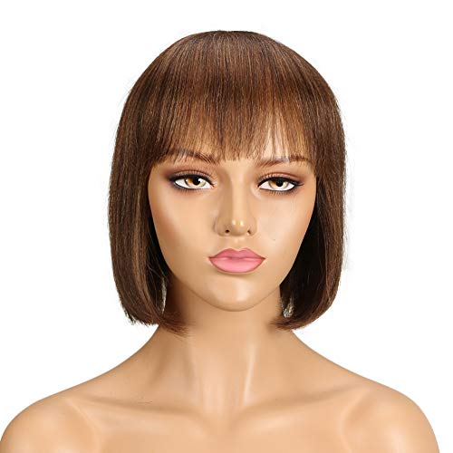 DÉBUT short Bob Wigs Human Hair Wigs with Bangs Pixie Cut Brazilian Virgin Remy Hair 8 inches 103g (P4/30: Ombre MEDIUM BROWN with LIGHT AUBURN)