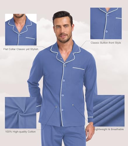 EA'S SECRET Mens Cotton Pajamas Set Button Down Pjs Set for Men Long Sleeve Knit Sleepwear Loungewear with Pockets2