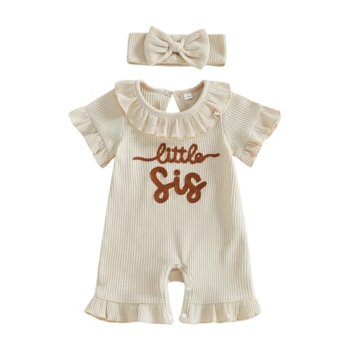 allshope Newborn Baby Girl Summer Outfit Romper Little Sister Lil Sis Embroidery Ruffle Collar Jumpsuit Infant Waffle Clothes (Little Sis Color Apricot, 0-3 Months)