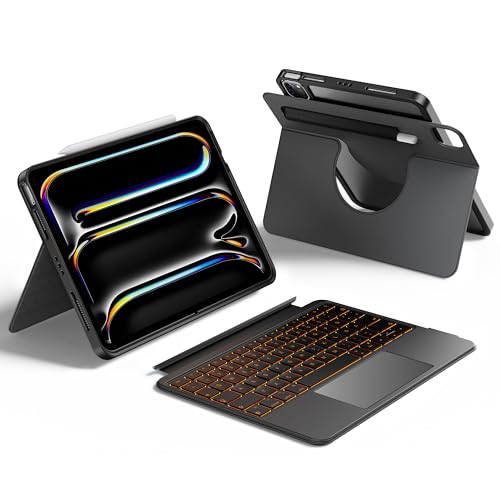 HOU 360° Drehbare Abnehmbare Hülle mit Tastatur für iPad Pro 11″ M5/M4 (2025) mit 155° Verstellbarer Ständer, Touch Trac...
