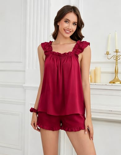 SAPJON Womens Satin Pajama Sets Soft Ruffle Pj Silk Tank Top and Shorts Sleepwear Bridal Pajamas Red — view 2
