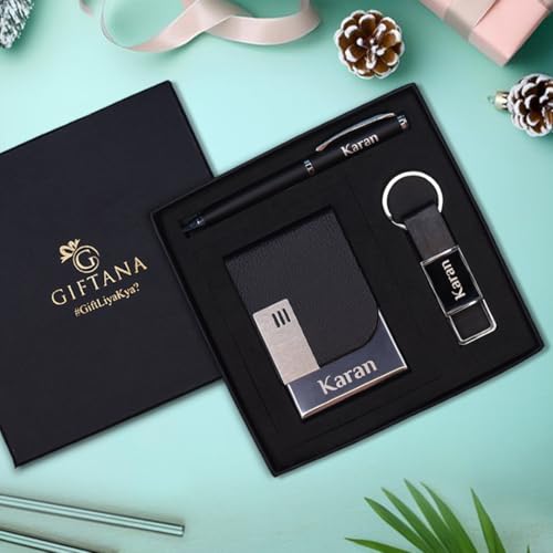 Image of Giftana Personalized Card Holder with Pen, Keychain with Name, 3 in 1 Customized Pen, Card Holder, Keychain Gift Set, Personalised Gifts for Husband, Diwali Corporate Gifts for Employee (Black)