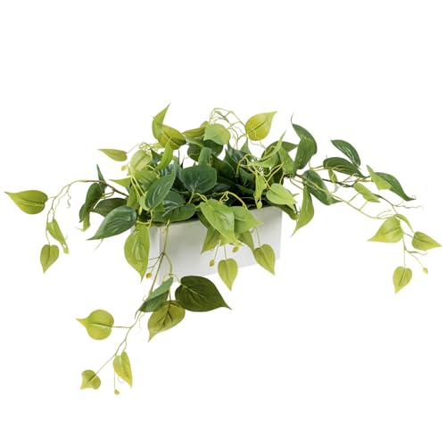 MyGift Vibrant Lifelike Artificial Plant Pothos Leafy Vine Greenery in White Concrete Rectangular Planter Box