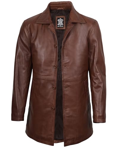 Image of Blingsoul Men Leather Coat, Long Leather Jacket Mens | Real Lambskin Leather, Mid-Length Cut, Lapel Collar, Concealed Buttons, Fully Lined, Wind Resistant,