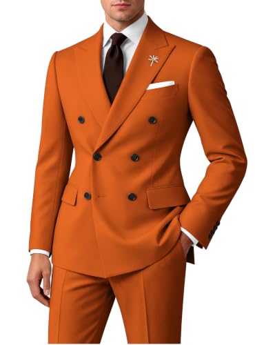 Wangyue Mens Suit Slim Fit 2 Piece Burnt Orange Double Breasted Suit for Man Wedding Regulair Fit Burnt Orange Double Breasted Blazer Homecoming Formal Business Groom Prom Tuxedo 2025 M