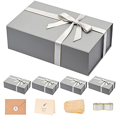 Image of LIFELUM Large Gift Box,13.85 x 8.35 x 4.45 inch Grey Gift Box Set of 5 with Magnetic Lid for Presents with Ribbon,Card,Shredded Paper Filler Gift for Mom Valentine's Day,Christmas Presents