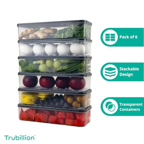 Image of FridgeBox Set of 6 Fridge Storage Containers with Lid 1200ml Freezer Safe BPA Free Stackable Transparent Organizer Boxes for Vegetables Fruits Snacks Kitchen Made in India