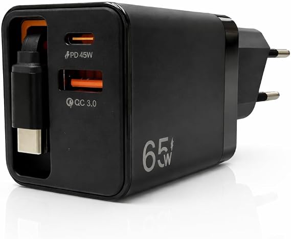 65W Süper Hızlı Şarj Adaptörü – PD 45W + QC 3.0 Çekilebilir Kablolu