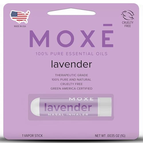 MOXE Lavender Essential Oil Nasal Inhaler, Therapeutic No-Mess Aromatherapy, Relaxation, Naturally Calming, Before Sleep Routine, Uplifts Mood, Pure and Undiluted, Made in USA (1 Pack)