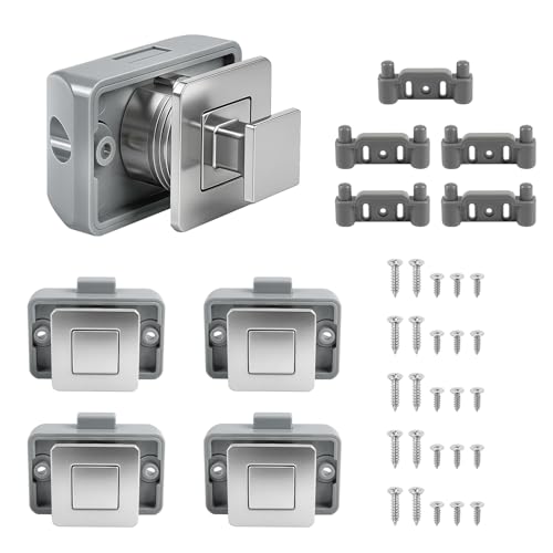 SUPAWAY Lot de 5 Serrures à bouton-poussoir carrées métalliques pour camping-car Serrure à glissière carrée, Verrou de tiroir sans clé pour mobil-home,bateau,yacht,armoire,porte, compartiment (Chrome)
