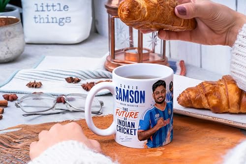 Image of Cricket Theme Coffee Mug IPL Edition - Stylish Helicopter Shot Print Cup - Gift for Cricket Fans, Boys & Friends (sanju Samson 3, Large)
