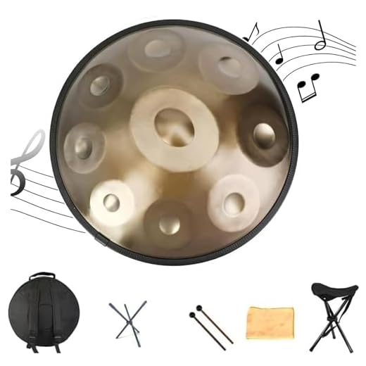 Instrumento de tambor Handpan, tambor de acero de 22 pulgadas en re menor, 9 notas 440 Hz percusión instrumentos musicales juego de batería de mano, hecho a mano,con soporte de mazo de bolsa -oro