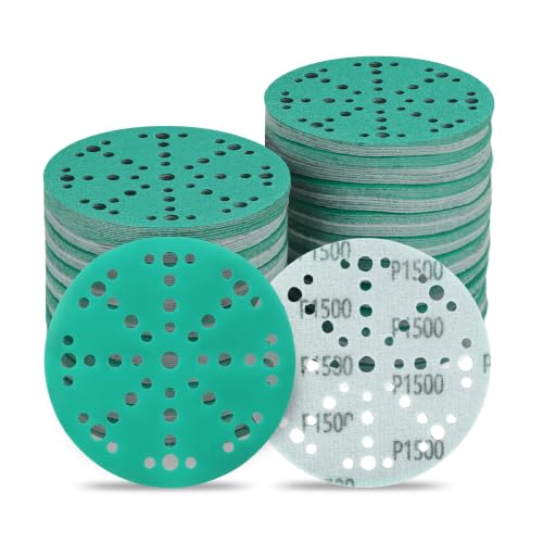 Image of 6 Inch 49 Hole Wet Dry P1500 Grit Sanding Discs - 50 Pack Box | Fits Festool ETS / RO 150 Sanders, Zirconia Heavy-Duty Hook & Loop Film Sandpaper for Wood, Auto, Metal, Paint, Body & More