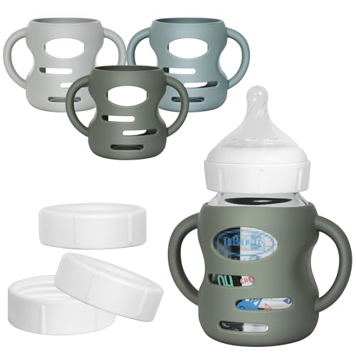 Image of 3 Pack Silicone Sleeves for Dr Brown Wide-Neck Glass Baby Bottles, Food GradeAnti Breakage Baby Bottle Holder with Handles and 3pcs Travel Bottle Caps, 5oz