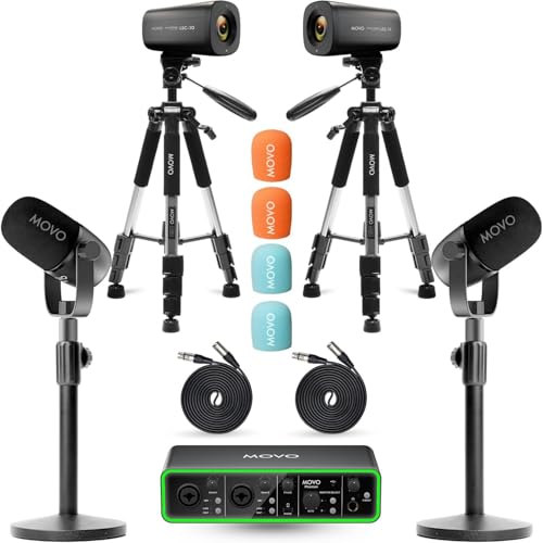 Movo Video Podcast Equipment Bundle – USB Audio Interface, 2 XLR Dynamic Microphones, 2 4K UHD Cameras, 2 Desk Stands – Complete Podcast Setup