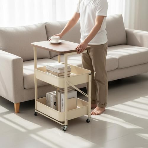 NonMiFyR Foldable Storage Cart Rolling Utility Trolley Organizer with Built in Tabletop and Wire Basket Shelves Mobile 3 Tier Structure Folding Frame Suitable for Laundry Room condo, Cream White - Image 6