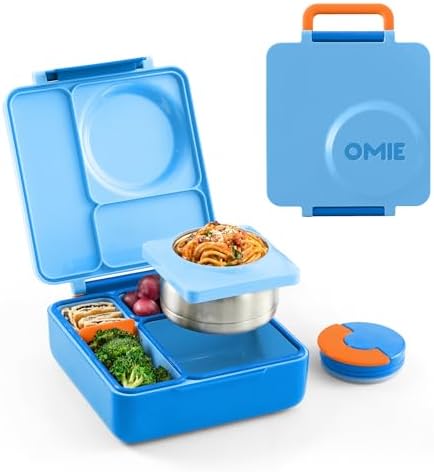 Omie OmieBox Bento Box for Kids - Insulated Lunch Box with Leak Proof Thermos Food Jar - 3 Compartments, 2 Temperature Zones (Blue Sky)