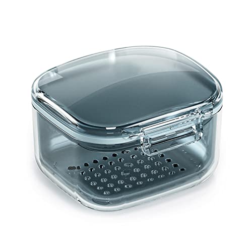 Modixun Estuche de baño multiusos para dentaduras postizas con cesta coladora, taza de soporte de tres capas para limpiar y remojar, caja de retención de ortodoncia, recipiente de dientes falsos, azul Cover
