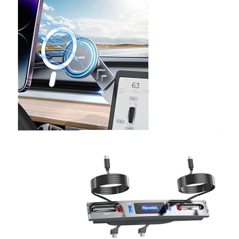 Nycetek Tesla Model Y 3 Accessories with Tesla Phone Mount Holder and Upgraded Tesla USB Hub, Alloy Foldable Car Holder & Tesla Center Console USB Hub for iPhone Samsung and More Cover