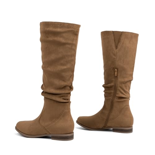 VJH confort Women's Knee-High Boots Comfortable Low Heel Almond Toe Wide Calf Side Zip Fall Winter Long Boots4