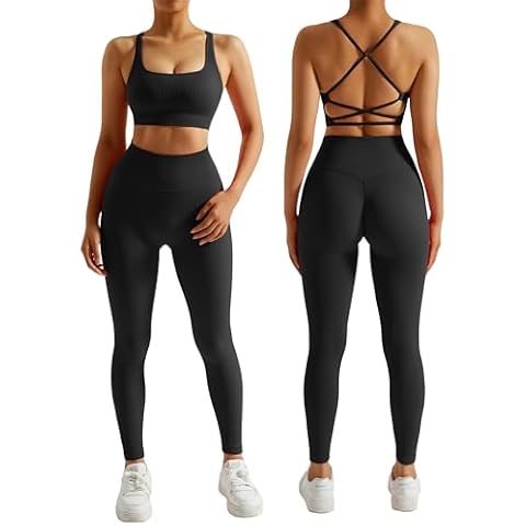 RXRXCOCO Ribbed Workout Sets for Women 2 Piece Backless Strappy Sports Bra Seamless Leggings Matching Set Yoga Outfits Black Medium Cover