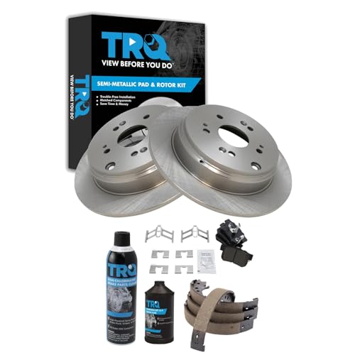 Image of TRQ Rear Brake Pad & Rotor Kit, with Chemical Kit Parking Brake Shoe Set Semi-Metallic Compatible with 2010-2018 Acura RDX 2007-2016 Honda CR-V