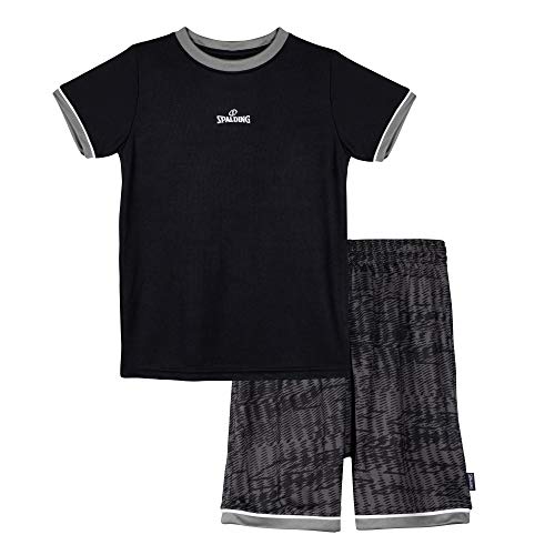 Spalding Boys Athletic Basketball Graphic Crewneck T Shirt Short Seeve Top and Shorts Gym Set, Black and Grey, 4