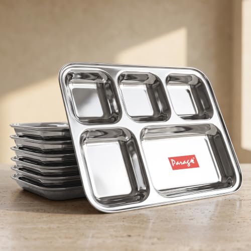 Image of Parage 6 Pieces Stainless Steel 3- Compartment Thali Set /Dinnerware /Dinner Plate Set / 3 in 1 Partition /Kitchenware for Home, Restaurants, Famliy Use, Bhojan Thali (Silver)