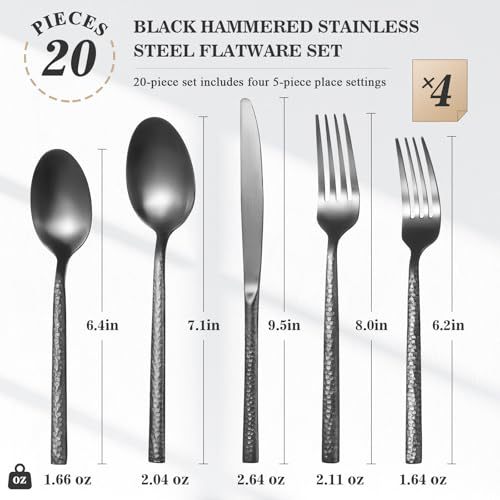 20-Piece-Heavy-Duty-Hammered-Silverware-Set-for-4Forged-Black-1810-Stainless-Steel-Flatware-SetPremium-Food-Grade-Cultery-Set-KnivesForks-and-Spoons-Tableware-SetService-for-4 20 Piece Heavy Duty Hammered Silverware Set for 4Forged Black 1810 Stainless Steel Flatware SetPremium Food Grade Cultery Set KnivesForks and Spoons Tableware SetService for 4