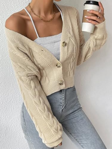 Women's Long Sleeve Button V Neck Soft Knit Cardigan Sweaters Cropped Cardigan Sweaters for Women Cute Cable Knit Outerwear3