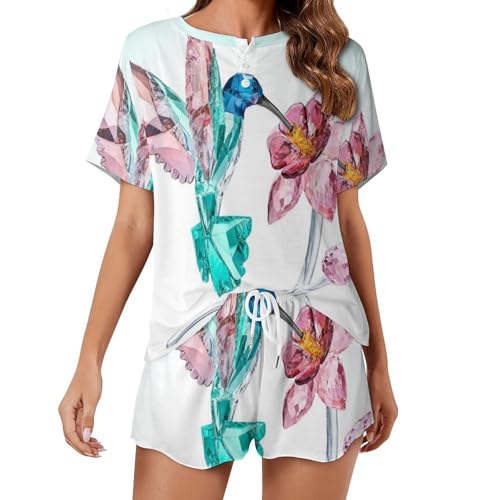 Pyjama Oiseau Fleur Haut de Gamme Ensemble de Nuit Femme Manches Courtes